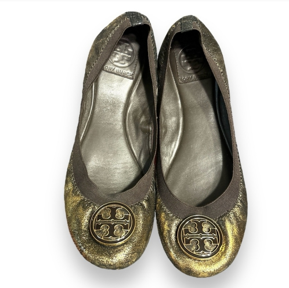 TORY BURCH Caroline Ballet Flats Elastic Top- Metallic Gold on Brown Sue…